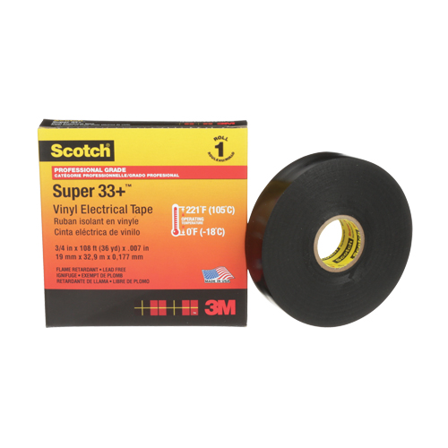 Scotch&reg; Super 33+ Vinyl Electrical Tape, 19 mm (3/4") x 33 m (108'), Black, 7 mils Mukwa Safety Services