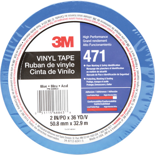 471 Vinyl Tape, 50.8 mm (2") W x 32.9 m (108') L, 5.2 mils, Blue Mukwa Safety Services