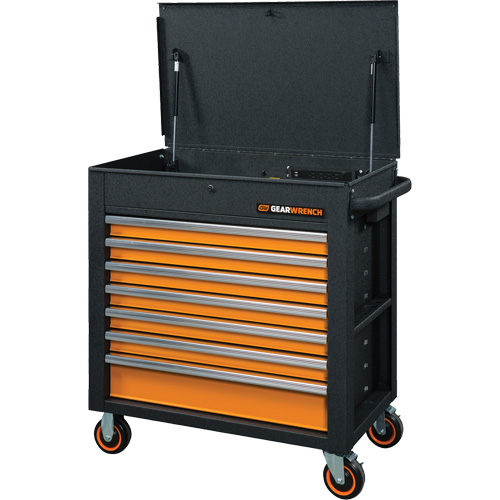 Chariot &agrave; outils s&eacute;rie GSX avec dessus inclin&eacute;, 7 tiroirs, 35" lo x 20" la x 39" h, Noir/Orange Mukwa Safety Services