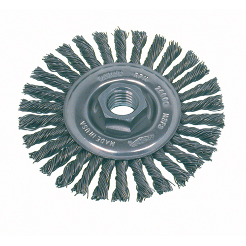 High Speed Small Grinder Stringer Bead Knot Wire Wheel Brush, 4" Dia., 0.02" Fill, 5/8"-11 Arbor, Stainless Steel Mukwa Safety Services