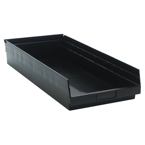Economy Shelf Bin, 11-1/8" W x 4" H x 23-5/8" D, Black, 60 lbs. Capacity Mukwa Safety Services