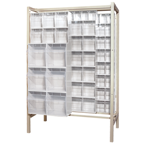 Syst&egrave;me de stockage &agrave; glissi&egrave;re &agrave; bacs basculants autonome, 51-1/4" la x 26" p x 77" h, 101 tiroirs Mukwa Safety Services