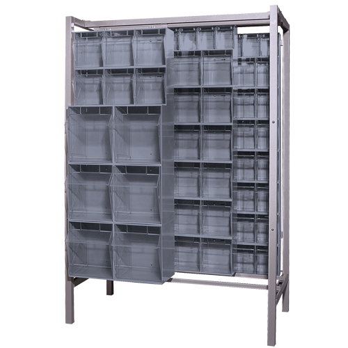 Syst&egrave;me de stockage &agrave; glissi&egrave;re &agrave; bacs basculants autonome, 51-1/4" la x 26" p x 77" h, 101 tiroirs Mukwa Safety Services