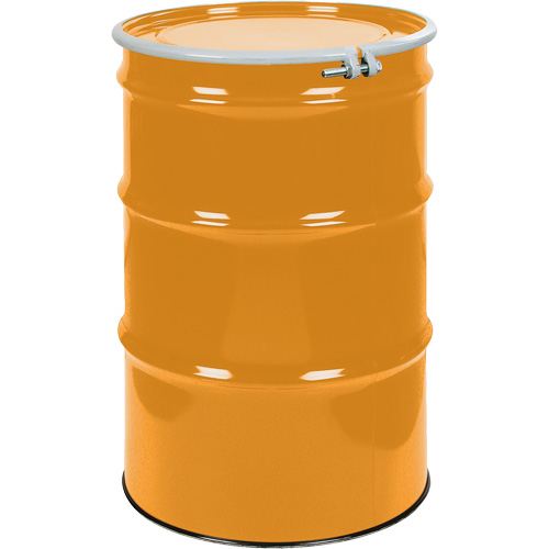 Steel Drums, 55 US gal (45 imp. gal.), Unlined, Orange, Open Top, UN1A2/Y1.5/150, 16 Gauge Mukwa Safety Services