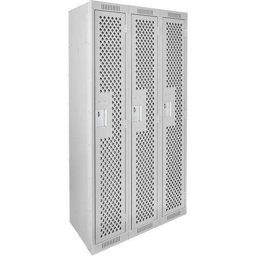 Clean Line Lockers, Bank of 3, 36" x 15" x 72", Steel, Grey, Rivet (Assembled), Perforated Mukwa Safety Services