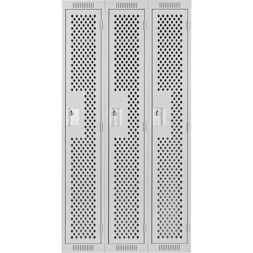 Clean Line Lockers, Bank of 3, 36" x 15" x 72", Steel, Grey, Rivet (Assembled), Perforated Mukwa Safety Services