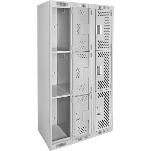 Clean Line Lockers, 3 -tier, Bank of 3, 36" x 12" x 72", Steel, Grey, Rivet (Assembled), Perforated Mukwa Safety Services