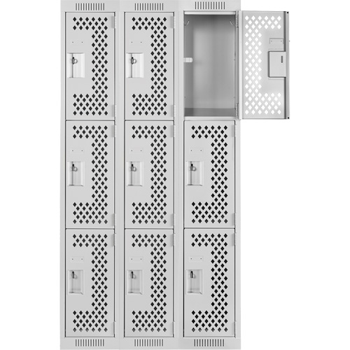 Clean Line Lockers, 3 -tier, Bank of 3, 36" x 12" x 72", Steel, Grey, Rivet (Assembled), Perforated Mukwa Safety Services