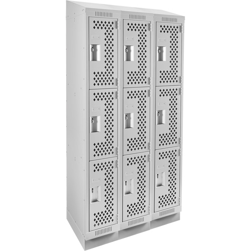 Clean Line Lockers, 3 -tier, Bank of 3, 36" x 15" x 82", Steel, Grey, Rivet (Assembled), Perforated Mukwa Safety Services