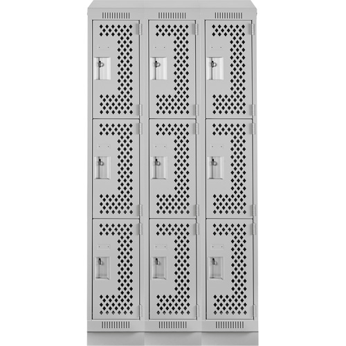 Clean Line Lockers, 3 -tier, Bank of 3, 36" x 15" x 82", Steel, Grey, Rivet (Assembled), Perforated Mukwa Safety Services