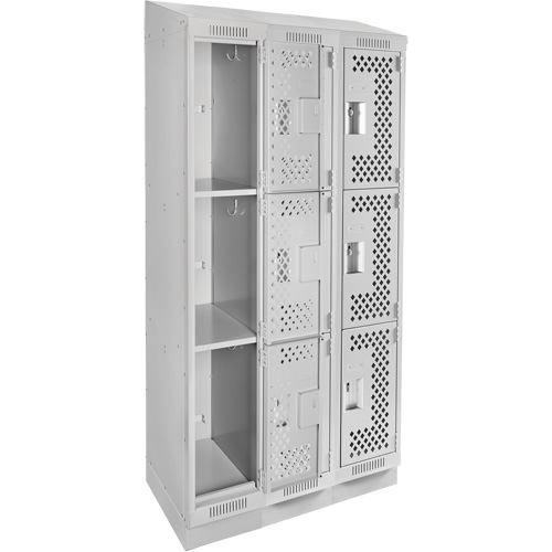 Clean Line Lockers, 3 -tier, Bank of 3, 36" x 15" x 82", Steel, Grey, Rivet (Assembled), Perforated Mukwa Safety Services