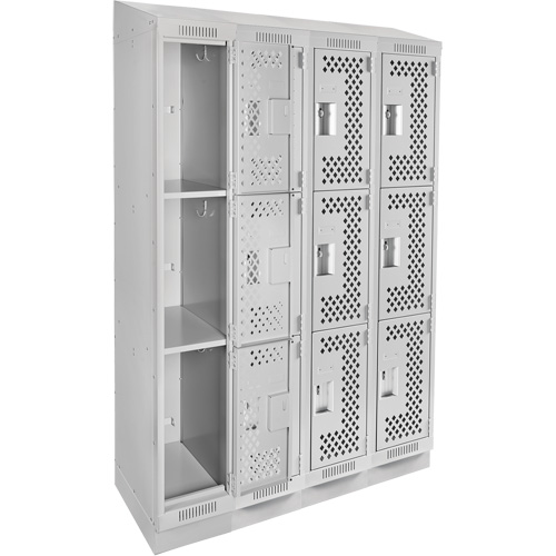 Clean Line Lockers, 3 -tier, Bank of 4, 48" x 15" x 82", Steel, Grey, Rivet (Assembled), Perforated Mukwa Safety Services