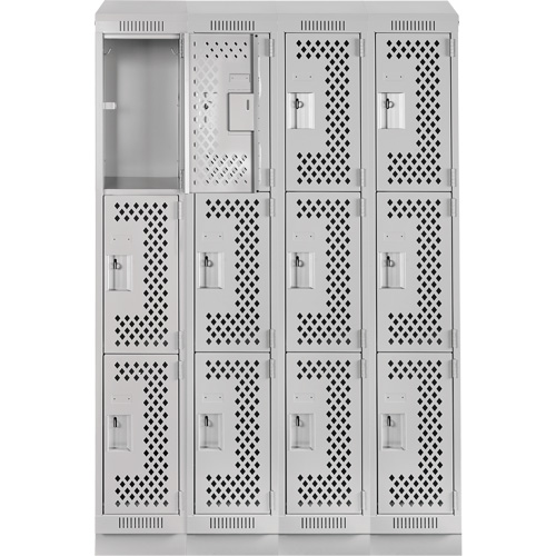 Clean Line Lockers, 3 -tier, Bank of 4, 48" x 15" x 82", Steel, Grey, Rivet (Assembled), Perforated Mukwa Safety Services