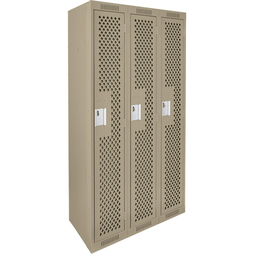 Clean Line Lockers, Bank of 3, 36" x 15" x 72", Steel, Beige, Rivet (Assembled), Perforated Mukwa Safety Services