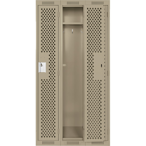 Clean Line Lockers, Bank of 3, 36" x 15" x 72", Steel, Beige, Rivet (Assembled), Perforated Mukwa Safety Services
