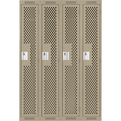Clean Line Lockers, Bank of 4, 48" x 12" x 72", Steel, Beige, Rivet (Assembled), Perforated Mukwa Safety Services