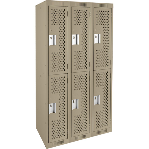 Clean Line Lockers, 2 -tier, Bank of 3, 36" x 12" x 72", Steel, Beige, Rivet (Assembled), Perforated Mukwa Safety Services