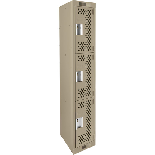 Clean Line Lockers, 3 -tier, 12" x 12" x 72", Steel, Beige, Rivet (Assembled), Perforated Mukwa Safety Services