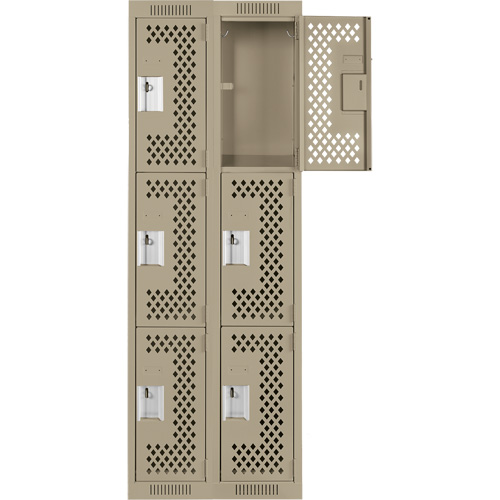 Clean Line Lockers, 3 -tier, Bank of 2, 24" x 12" x 72", Steel, Beige, Rivet (Assembled), Perforated Mukwa Safety Services