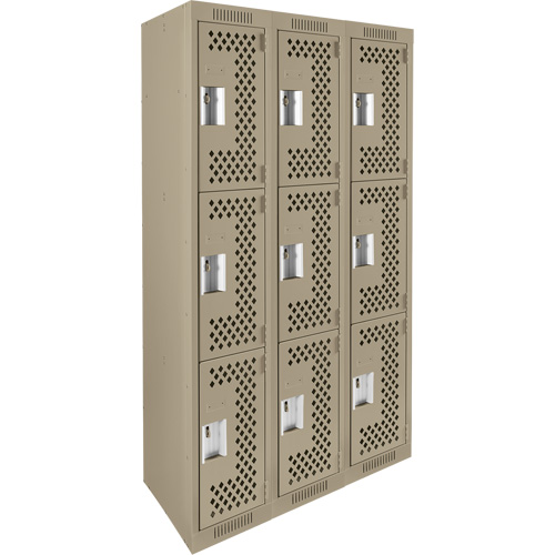 Clean Line Lockers, 3 -tier, Bank of 3, 36" x 12" x 72", Steel, Beige, Rivet (Assembled), Perforated Mukwa Safety Services