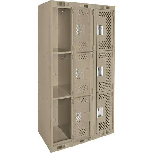 Clean Line Lockers, 3 -tier, Bank of 3, 36" x 12" x 72", Steel, Beige, Rivet (Assembled), Perforated Mukwa Safety Services