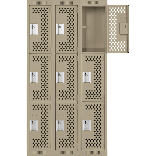 Clean Line Lockers, 3 -tier, Bank of 3, 36" x 12" x 72", Steel, Beige, Rivet (Assembled), Perforated Mukwa Safety Services