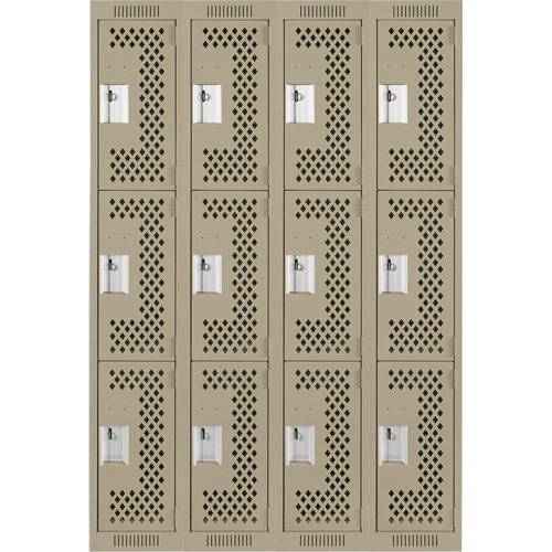 Casiers Clean Line, 3 niveaux, Bloc de 4, 48" x 12" x 72", Acier, Beige, Rivet (assembl&eacute;), Perfor&eacute; Mukwa Safety Services
