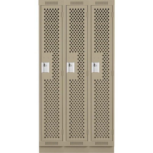 Clean Line Lockers, Bank of 3, 36" x 18" x 76", Steel, Beige, Rivet (Assembled), Perforated Mukwa Safety Services