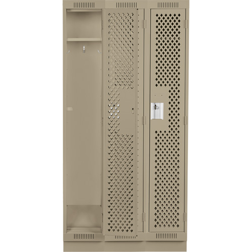 Clean Line Lockers, Bank of 3, 36" x 18" x 76", Steel, Beige, Rivet (Assembled), Perforated Mukwa Safety Services