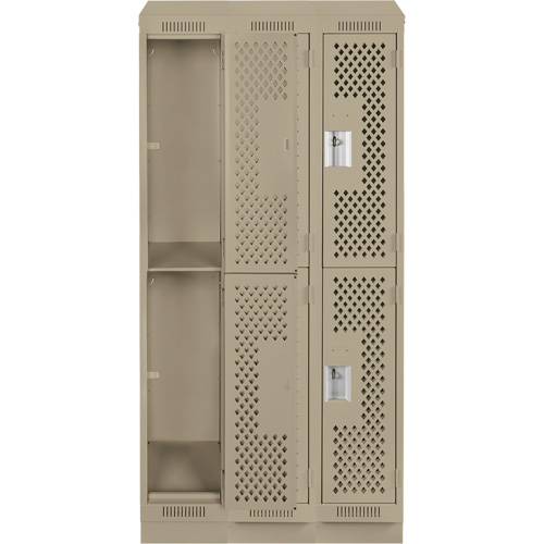 Clean Line Lockers, 2 -tier, Bank of 3, 36" x 18" x 82", Steel, Beige, Rivet (Assembled), Perforated Mukwa Safety Services