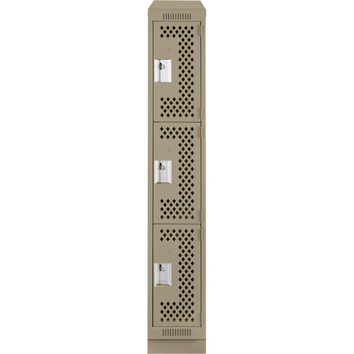 Clean Line Lockers, 3 -tier, 12" x 15" x 82", Steel, Beige, Rivet (Assembled), Perforated Mukwa Safety Services
