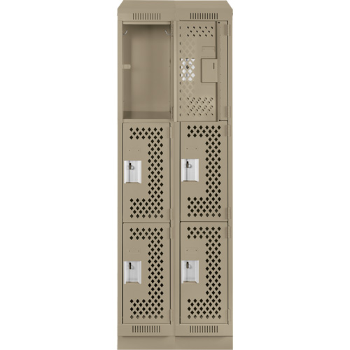 Clean Line Lockers, 3 -tier, Bank of 2, 24" x 15" x 82", Steel, Beige, Rivet (Assembled), Perforated Mukwa Safety Services