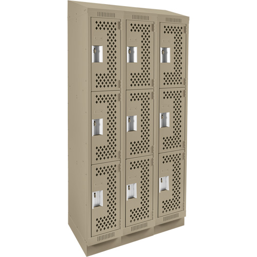 Clean Line Lockers, 3 -tier, Bank of 3, 36" x 15" x 82", Steel, Beige, Rivet (Assembled), Perforated Mukwa Safety Services