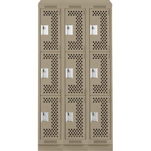 Clean Line Lockers, 3 -tier, Bank of 3, 36" x 15" x 82", Steel, Beige, Rivet (Assembled), Perforated Mukwa Safety Services