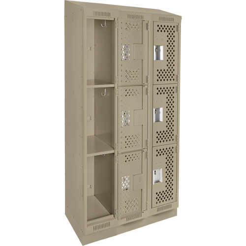 Clean Line Lockers, 3 -tier, Bank of 3, 36" x 15" x 82", Steel, Beige, Rivet (Assembled), Perforated Mukwa Safety Services