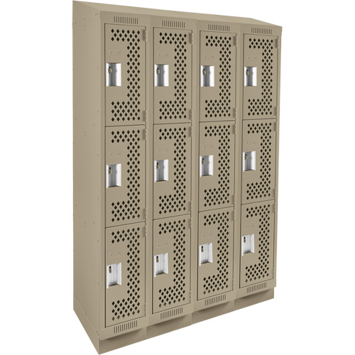 Clean Line Lockers, 3 -tier, Bank of 4, 48" x 15" x 82", Steel, Beige, Rivet (Assembled), Perforated Mukwa Safety Services