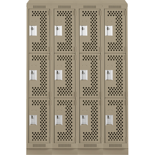 Clean Line Lockers, 3 -tier, Bank of 4, 48" x 15" x 82", Steel, Beige, Rivet (Assembled), Perforated Mukwa Safety Services