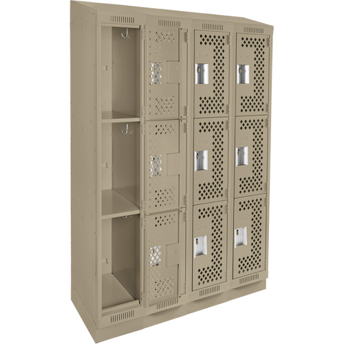 Clean Line Lockers, 3 -tier, Bank of 4, 48" x 15" x 82", Steel, Beige, Rivet (Assembled), Perforated Mukwa Safety Services