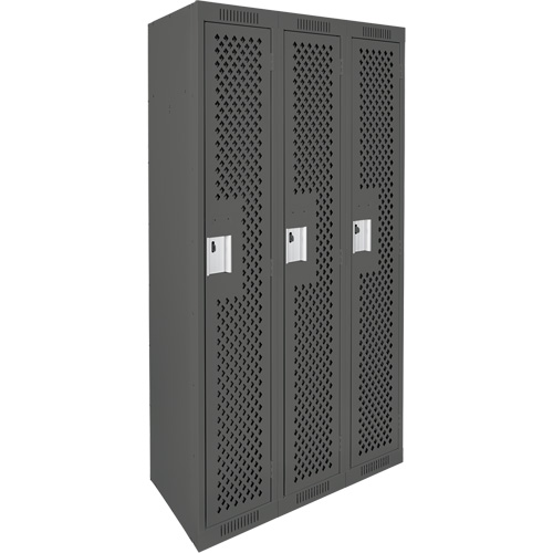 Clean Line Lockers, Bank of 3, 36" x 15" x 72", Steel, Charcoal, Rivet (Assembled), Perforated Mukwa Safety Services