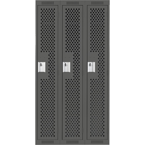 Clean Line Lockers, Bank of 3, 36" x 15" x 72", Steel, Charcoal, Rivet (Assembled), Perforated Mukwa Safety Services