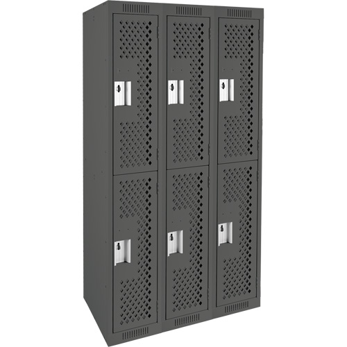 Clean Line Lockers, 2 -tier, Bank of 3, 36" x 15" x 72", Steel, Charcoal, Rivet (Assembled), Perforated Mukwa Safety Services
