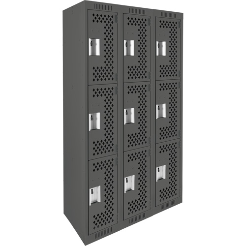 Clean Line Lockers, 3 -tier, Bank of 3, 36" x 12" x 72", Steel, Charcoal, Rivet (Assembled), Perforated Mukwa Safety Services