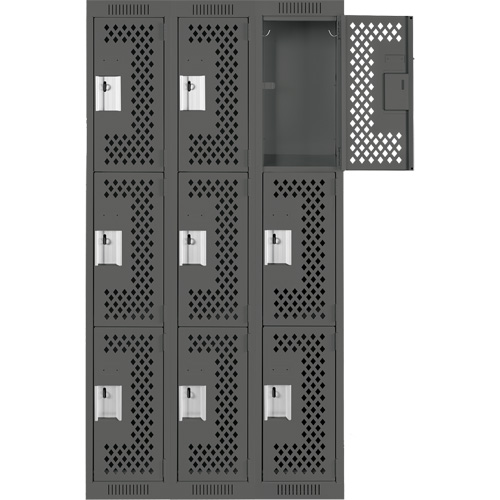 Clean Line Lockers, 3 -tier, Bank of 3, 36" x 12" x 72", Steel, Charcoal, Rivet (Assembled), Perforated Mukwa Safety Services