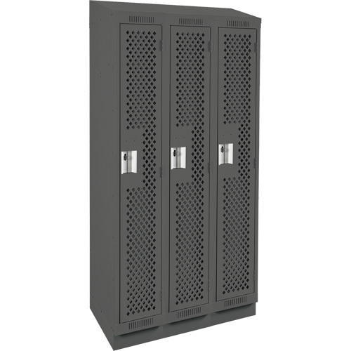 Clean Line Lockers, Bank of 3, 36" x 18" x 82", Steel, Charcoal, Rivet (Assembled), Perforated Mukwa Safety Services