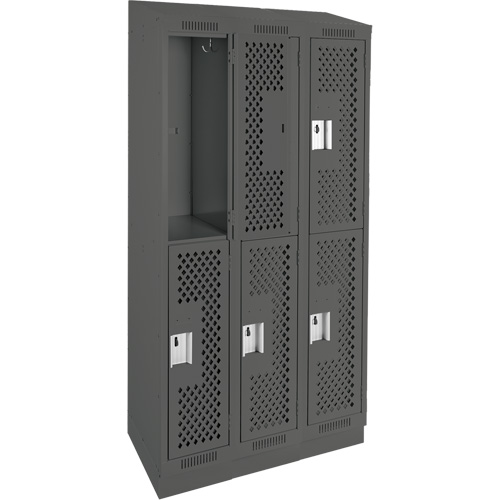 Clean Line Lockers, 2 -tier, Bank of 3, 36" x 18" x 82", Steel, Charcoal, Rivet (Assembled), Perforated Mukwa Safety Services