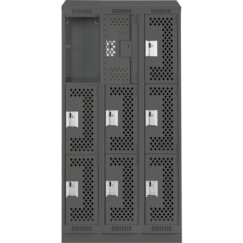 Casiers Clean Line, 3 niveaux, Bloc de 3, 36" x 15" x 82", Acier, Charbon, Rivet (assembl&eacute;), Perfor&eacute; Mukwa Safety Services
