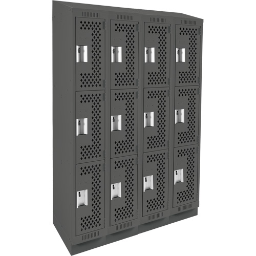 Clean Line Lockers, 3 -tier, Bank of 4, 48" x 15" x 82", Steel, Charcoal, Rivet (Assembled), Perforated Mukwa Safety Services