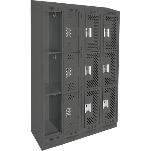 Clean Line Lockers, 3 -tier, Bank of 4, 48" x 15" x 82", Steel, Charcoal, Rivet (Assembled), Perforated Mukwa Safety Services