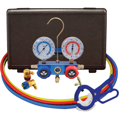 Automotive R134A 2-Way Manifold Gauge Set with 3-In-1 Side Mount Can Tap Valve Mukwa Safety Services