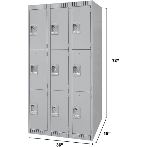 Casiers, 3 niveaux, Bloc de 3, 36" x 18" x 72", Acier, Gris, D&eacute;mont&eacute; Mukwa Safety Services